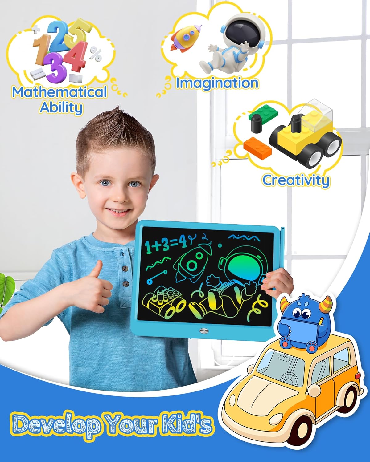 TEKFUN LCD Writing Tablet Doodle Board, 10inch Colorful Drawing Tablet Writing Pad, Kids Travel Essentials, Toddler Toys for 3 4 5 6 7 8 Year Old Girls Boys (Blue)