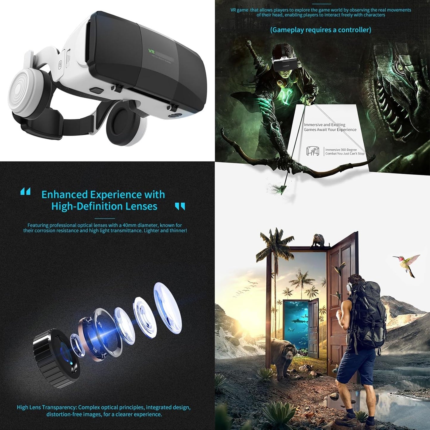 VR Headset for Phone 4.7-7.8 Inch iOS and Android, 3D Virtual Reality Glasses with Controller and Headphones, Vr Glasses for Kids and Adult Play Vr Games & 3D Movies, for Men/Kids (