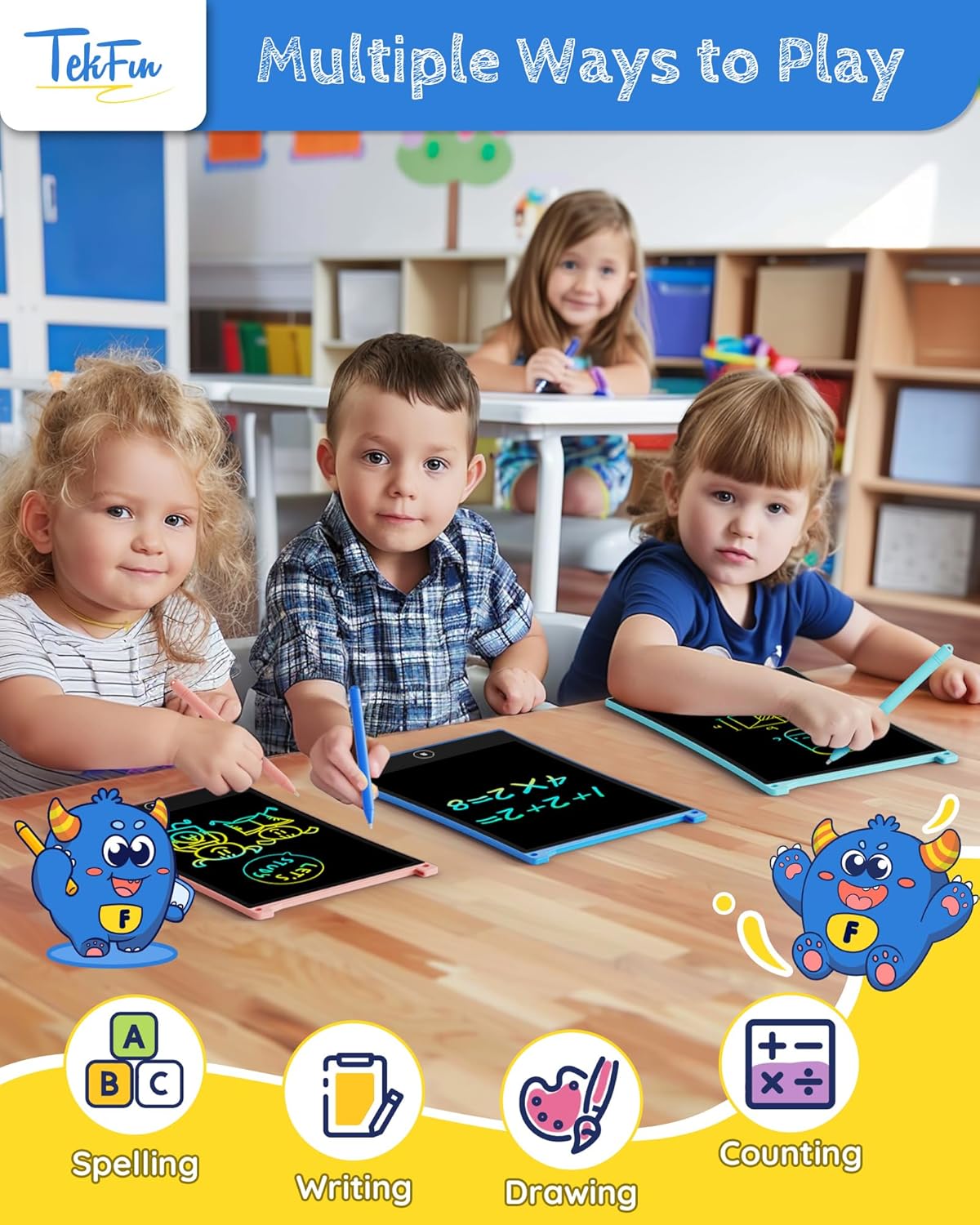 TEKFUN 2 Pack LCD Writing Tablet with Stylus, 8.5in Erasable Doodle Board Mess Free Drawing Pad for Kids, Car Trip Educational Toys Birthday Christmas Gift for 3 4 5 6 7 Girls Boys (2*Blue)