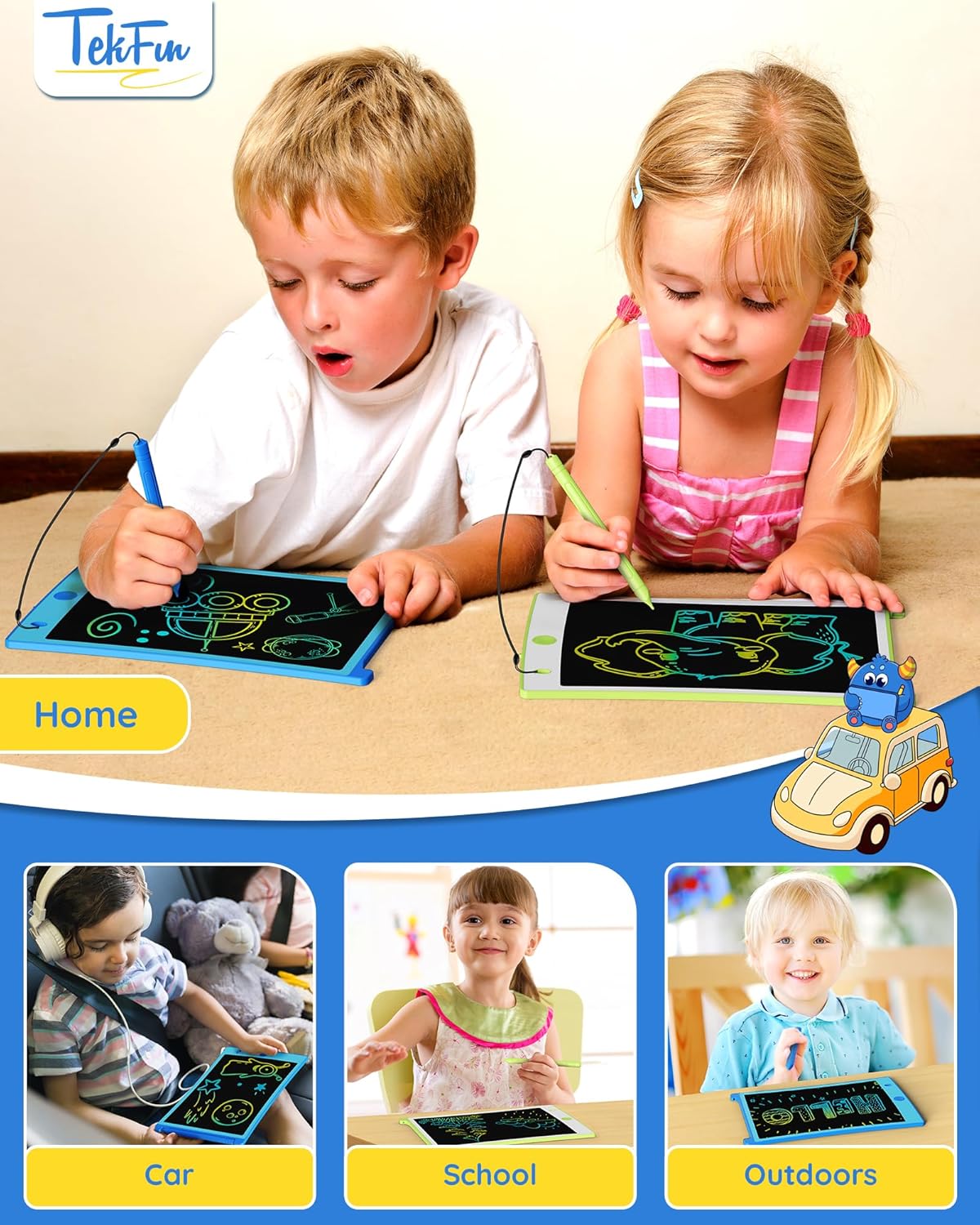TEKFUN 2 Pack LCD Writing Tablet with Stylus, 8.5in Erasable Doodle Board Mess Free Drawing Pad for Kids, Car Trip Educational Toys Birthday Christmas Gift for 3 4 5 6 7 Girls Boys (2*Blue)