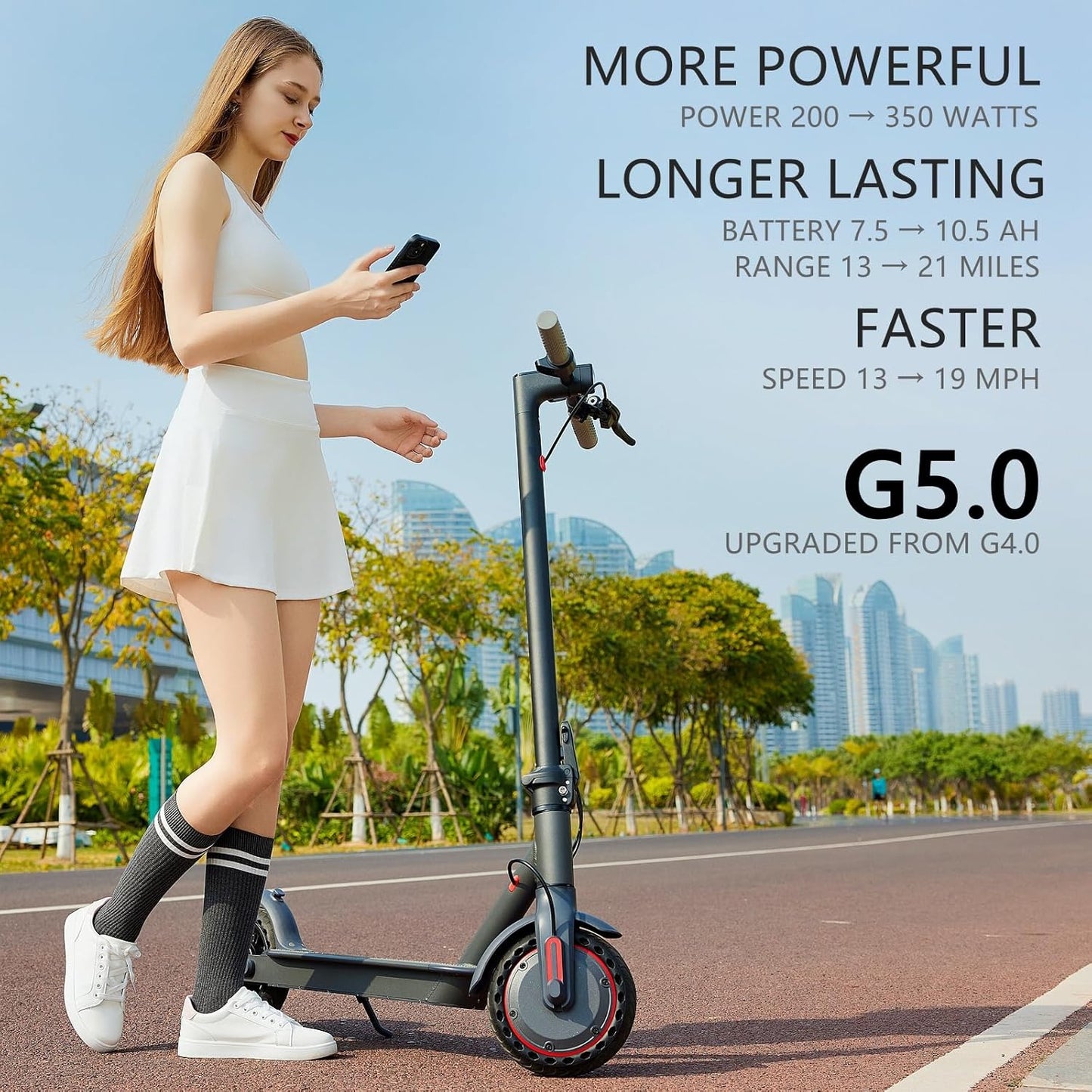 OAKEROO G5.0 Electric Scooter Adults - 21Mile Range & 19MPH Speed E-Scooter, 350W Scooter for Adults up to 264lbs, Folding Scooters with 8.5" Solid Tires, Dual Braking, Mobile APP