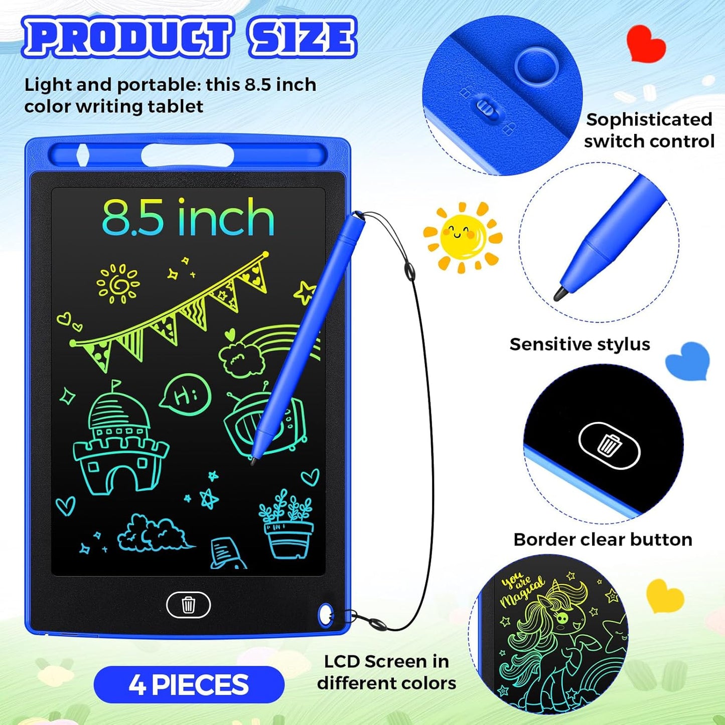 Zonon 4 Pcs LCD Writing Tablet for Kids 8.5 Inch Doodle Board Drawing Tablet Toddler Toys Gifts LCD Writing Board Electronic Erasable Reusable Writing Drawing Pad(Blue, Red, Green, Pink)