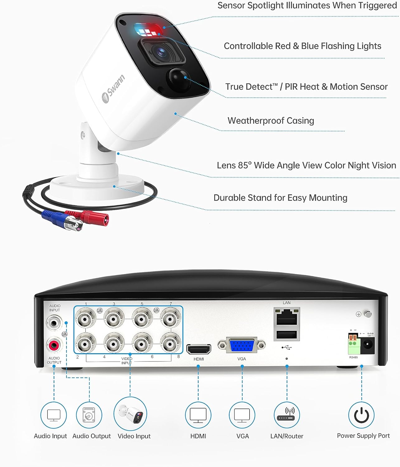 Swann 4K Security Camera System DVR with 2TB HDD, 8 Channel 8 Cam, Indoor Outdoor Wired 8MP Home Surveillance Bullet Cameras, Color Night Vision, 24/7,Heat Motion Detection, LEDs, Sirens and Mic