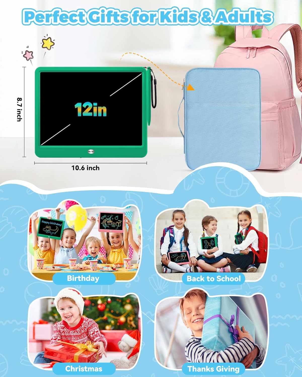 KOKODI 12 Inch LCD Writing Tablet with Anti-Lost Stylus, Erasable Doodle Board Colorful Toddler Drawing Pad, Car Travel School Games Toys for 3 4 5 6 7 8 Kids, Birthday Gift for Girls Boys Adults Pink