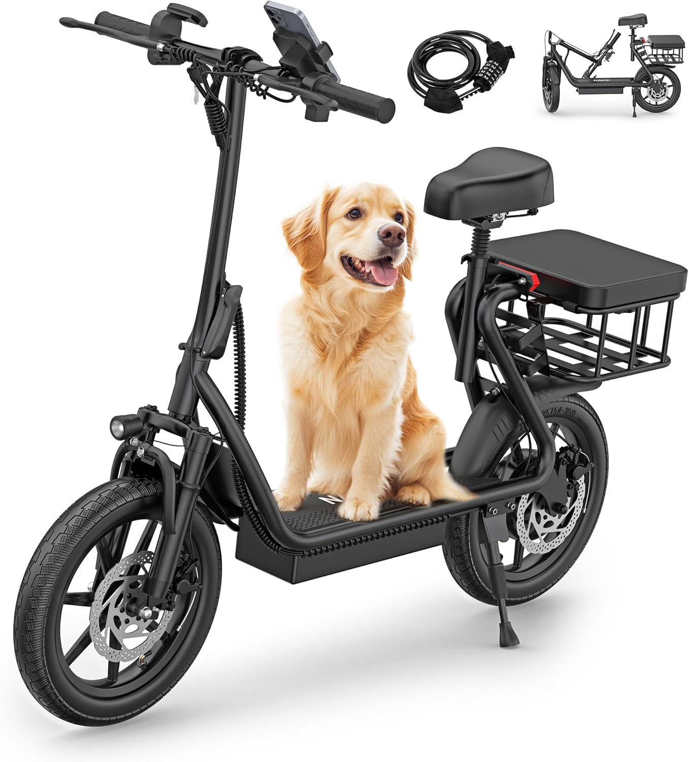 NAVIC Electric Scooter Adults,Electric Scooter with Seat,Max 27/49 Miles Ranges,Top Speed 22 mph,750W Peak Motor,Adult Electric Scooter for Pets,Cargo with Back Basket,Scooter Lock