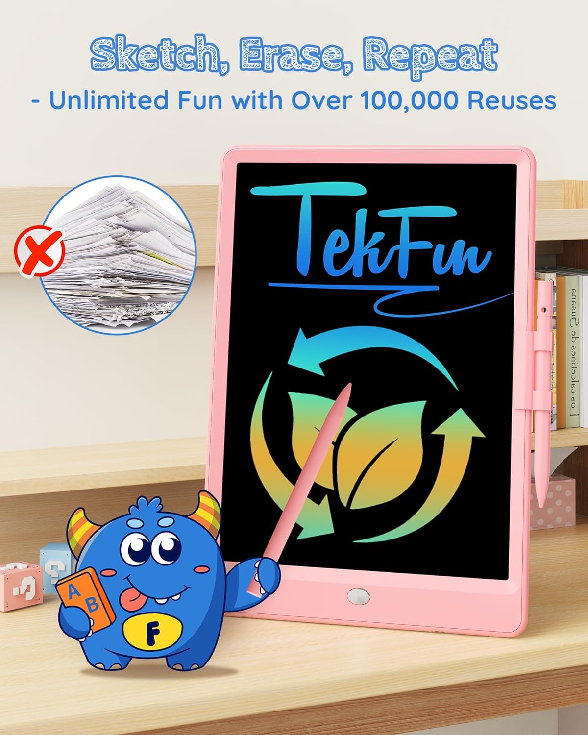 TEKFUN Teen Girl Gifts Ideas, 15inch LCD Writing Tablet for Kids Age 8-10 and Up, Doodle Board 4 5 6 7 Year Old Girl Toys, Mothdays Day Gifts Homeschool Supplies Easter Gifts for Toddlers (Pink)
