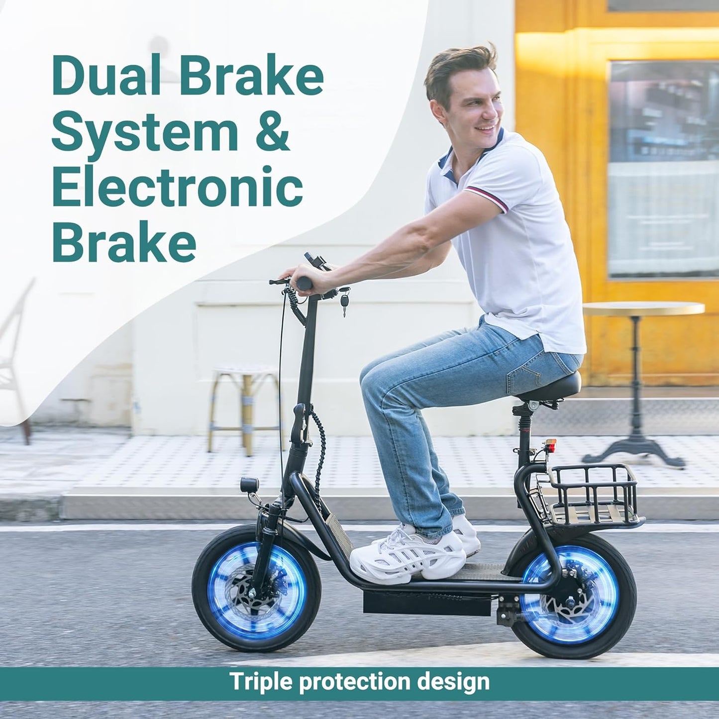 NAVIC Electric Scooter Adults,Electric Scooter with Seat,Max 27/49 Miles Ranges,Top Speed 22 mph,750W Peak Motor,Adult Electric Scooter for Pets,Cargo with Back Basket,Scooter Lock