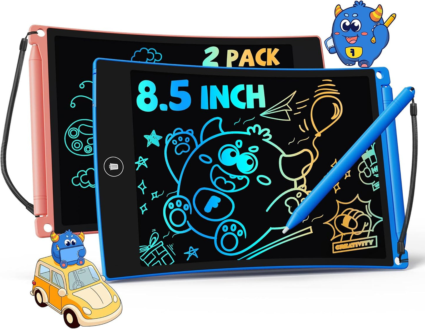 TEKFUN 2 Pack LCD Writing Tablet with Stylus, 8.5in Erasable Doodle Board Mess Free Drawing Pad for Kids, Car Trip Educational Toys Birthday Christmas Gift for 3 4 5 6 7 Girls Boys (2*Blue)