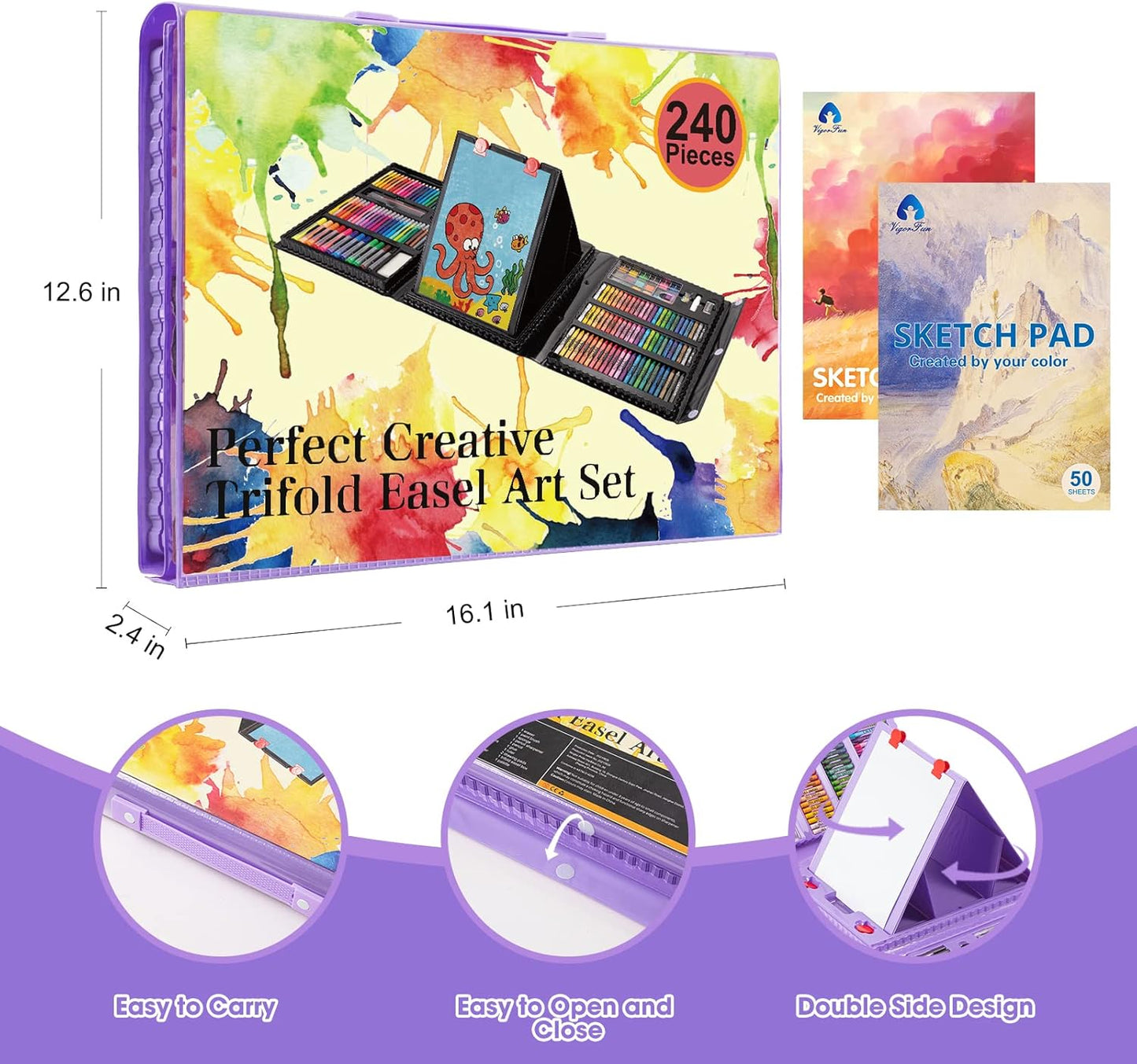 Art Supplies, 240-Piece Art Set Crafts Drawing Kits with Double Sided Trifold Easel, Includes Sketch Pads, Oil Pastels, Crayons, Colored Pencils, Gifts for Girls Boys Teen Ages 4-6-8-9-12 (Black)