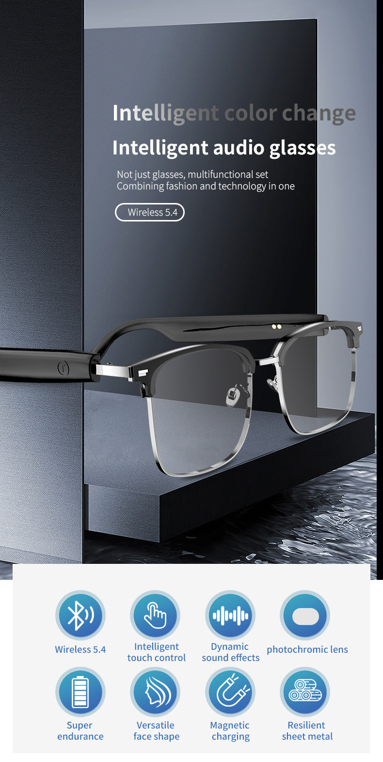 Smart Glasses With Automatic Color-changing Lenses, Touch Control, Built-in Microphone, High-resolution Audio, Wireless, Rechargeable Battery, Blue Light Protection, Suitable For Office, Outdoor, Sports, Driving, Music Playback, Hands-free Calls - The Pe