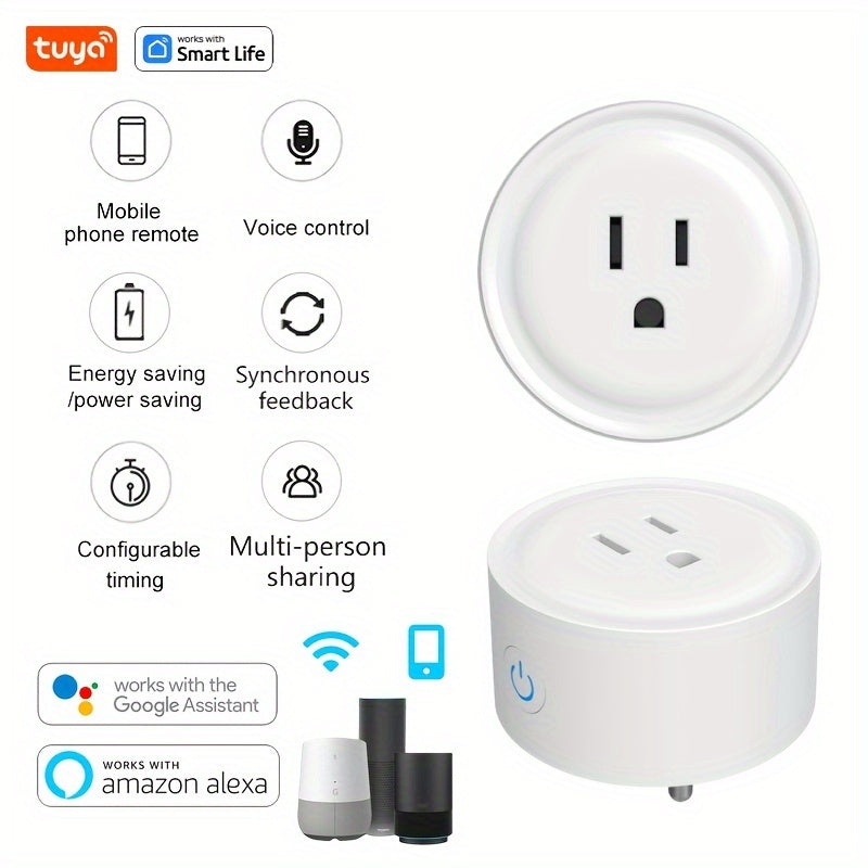 Tuya Mini WiFi Smart Plug - US Standard 10A, Round Outlet with Timer & App Control, Compatible with Alexa & Google Home, No Hub Needed, FCC Certified