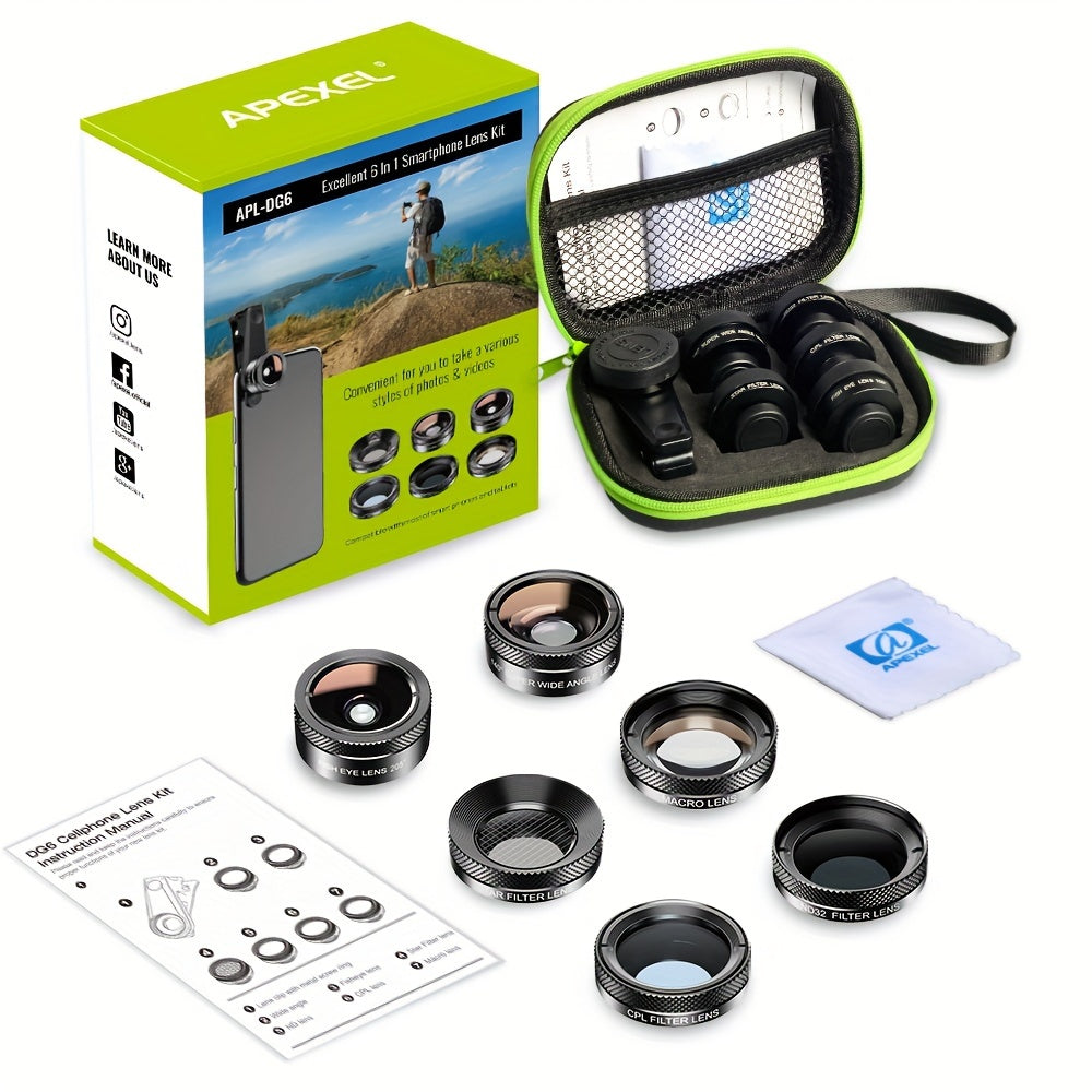 APEXEL 6-in-1 Phone Camera Lens Kit - Universal Clip-On Smartphone Photography Accessories with Macro, Wide Angle, Fisheye Lenses, ND Filter, Star Filter, CPL Lens, Aluminum Alloy Construction