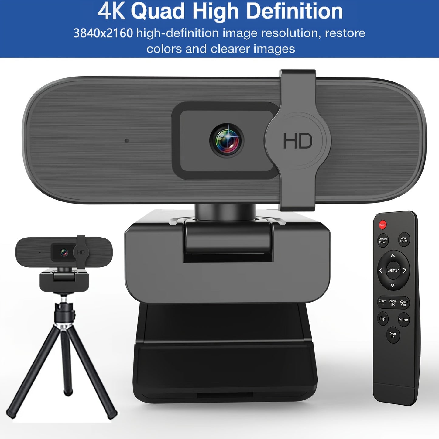 Plug & Play 4K Webcam with Auto-Zoom, Remote Control, Privacy Cover, and Built-in Mic for PC/Laptop - Ideal for Video Calls & Conferencing