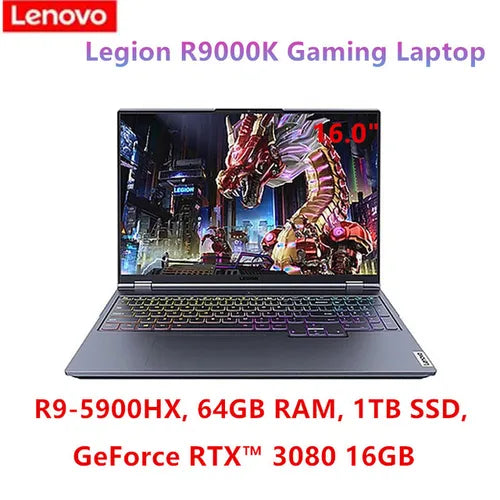 Lenovo Legion R9000K Gaming Laptop 16 Inch Notebook AMD Ryzen 9 5900HX RTX 3080 2.5K 165Hz SSD 1 TB Win11 PC Portable