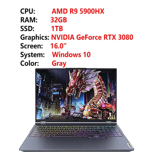 Lenovo Legion R9000K Gaming Laptop 16 Inch Notebook AMD Ryzen 9 5900HX RTX 3080 2.5K 165Hz SSD 1 TB Win11 PC Portable