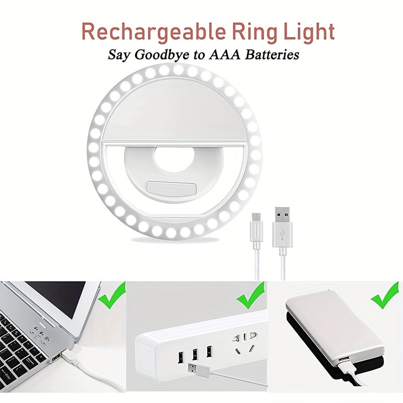 CLEANTRUST Rechargeable LED Ring Light for Selfies and Live Streaming, Portable Circular Flashlight, Dual Power Mode: Battery/USB, Warm White Light, with 40mAh Polymer Lithium Battery, for Smartphones, Cameras, and Makeup