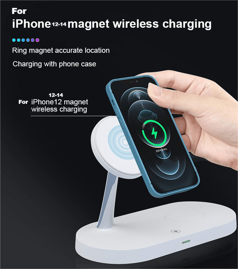 TIMESS-5 in 1 Magnetic Wireless Charger Stand, 15W Qi Fast Charging Dock Station Holder LED Night Light Compatible with iPhone 15/14/13/12 Pro Max Mini, Apple Watch 9/8/7/SE/6/5/4/3/2, AirPods 3/2/Pro