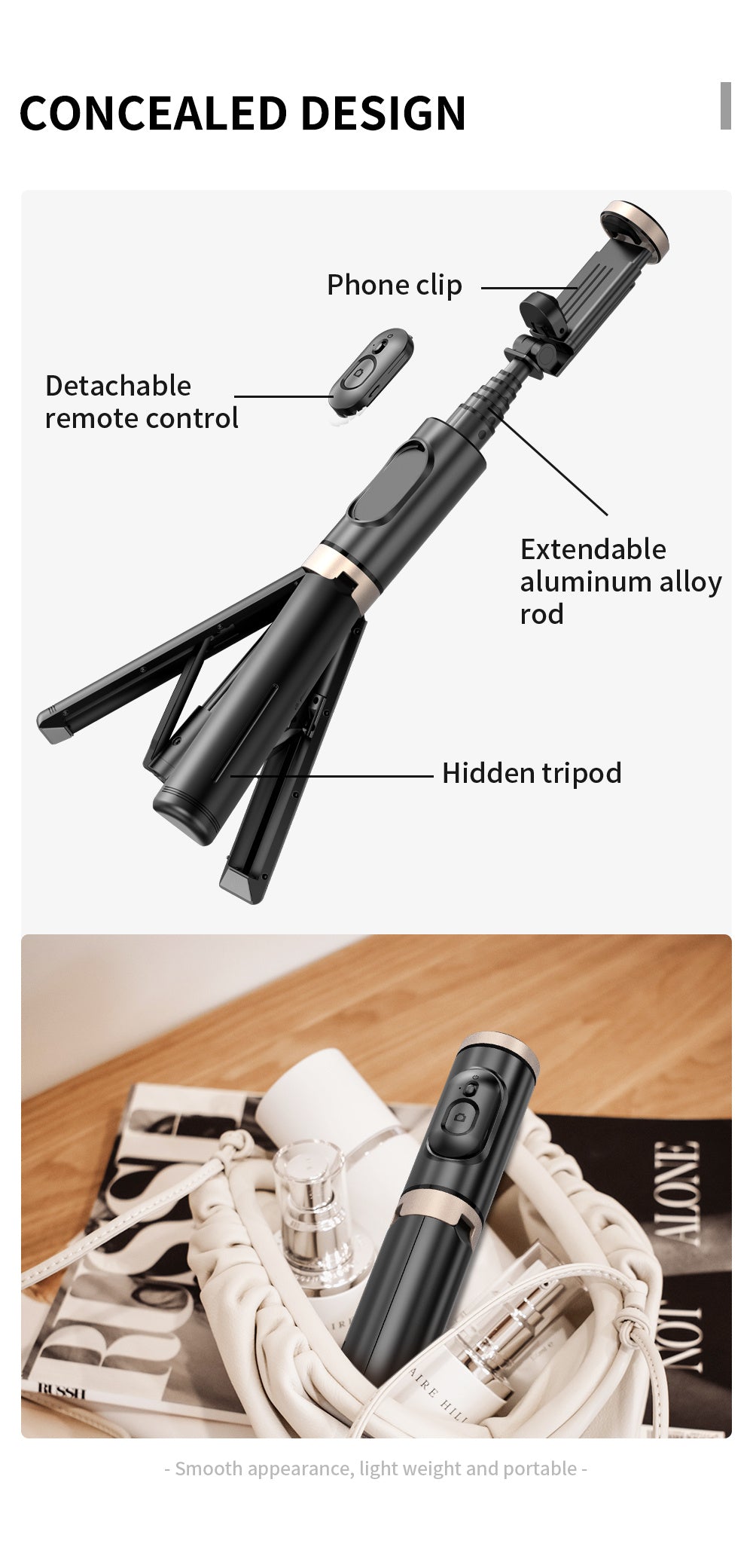 Portable Aluminum Alloy Phone Selfie Stick, Extendable Mobile Phone Tripod, Integrated Wireless Remote Hands Free Shooting For Apple IPhone And Android Smartphones 4''-7"