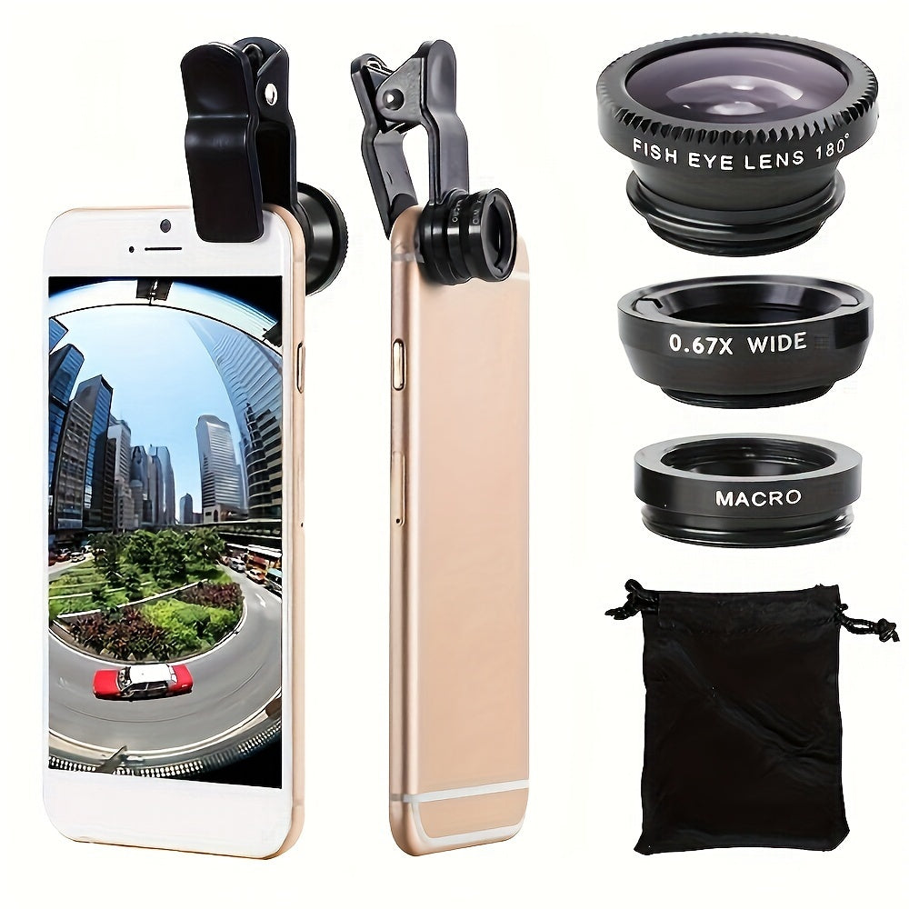 3-in-1 Phone Lens Kit - Aluminum Alloy Clip-On Fisheye, Macro, and Wide Angle Set