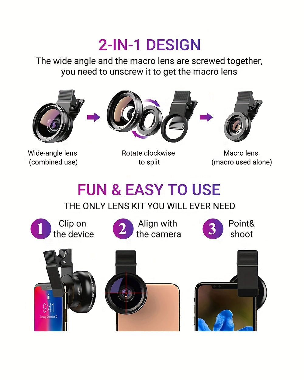 APEXEL 2-in-1 HD Smartphone Camera Lens Kit - Clip-On Wide Angle & Macro Lenses, Aluminum Alloy, Compatible with Most Phones, APEXEL