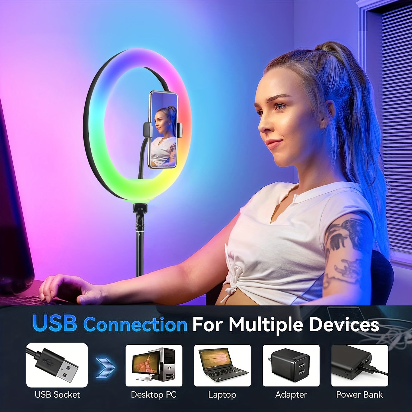 10" LED Selfie Ring Light, 38 Color Modes With Tripod Stand