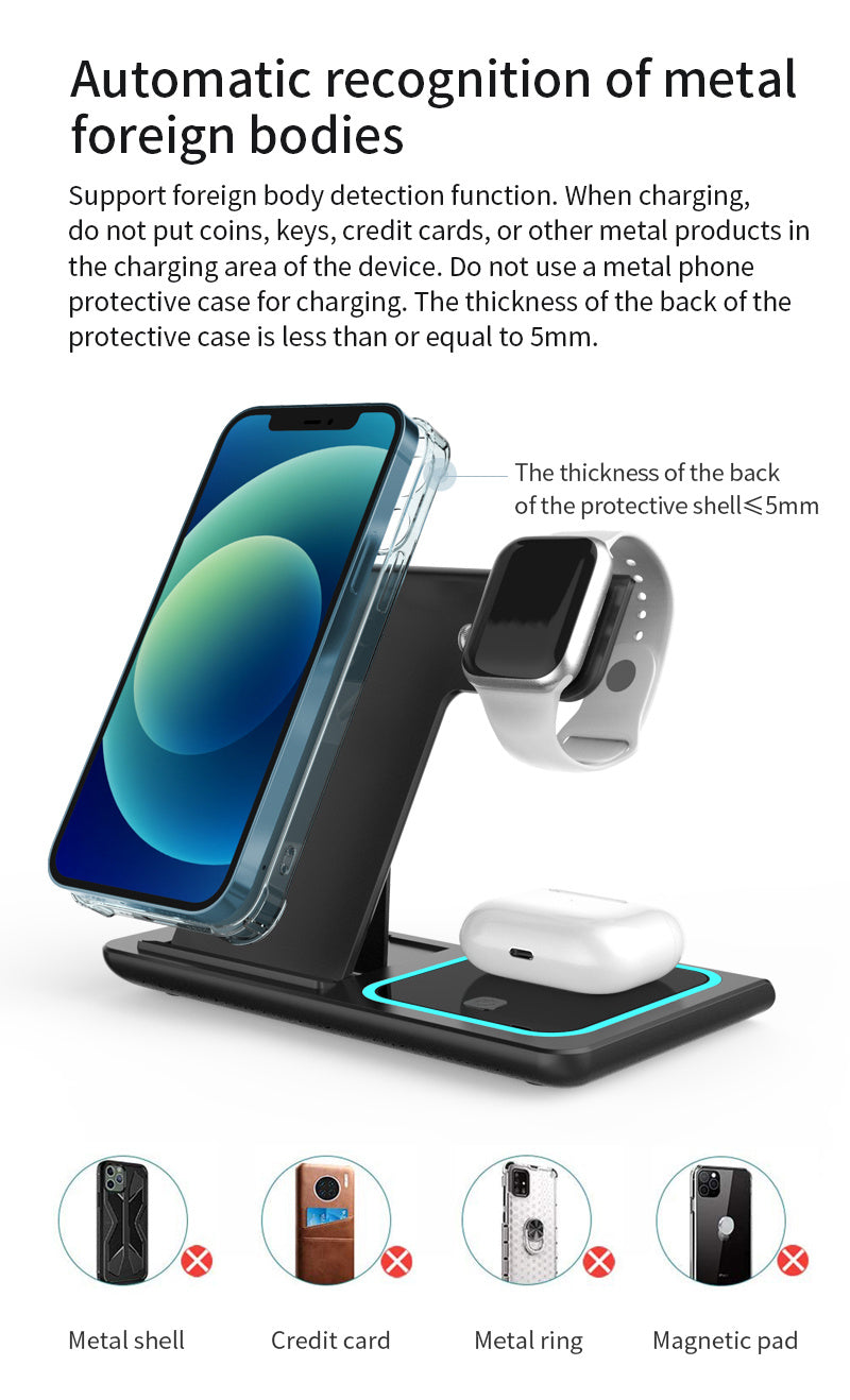 TIMESS 3-in-1 Wireless Charging Station, for iPhone 16, 15, 14,13,12,11/Pro/Max/Mini/Plus, X, XR, XS/Max, SE, 8/Plus, for Apple Watch 1-9, for Airpods 3/2/Pro