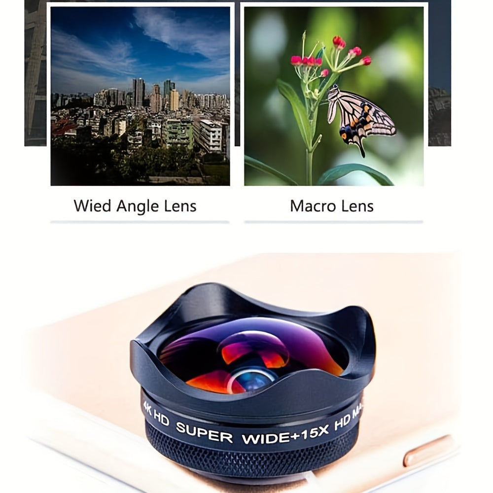 Universal 4K HD Super Wide 15X Macro 2 in 1 Camera Lens Kit, Clip-On Phone Lens, Aluminum Alloy - For Smartphone Photography Enthusiasts - Enhance Mobile Photography - Perfect Gift for Travelers & Vloggers
