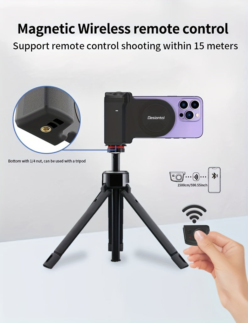 Desiontal Mini Smartphone Handheld Gimbal with Quick Magnetic Mount - Portable Outdoor Photography Selfie Stick Assistant with Detachable Shutter, Remote Shooting Capability, 1/4'' Screw Hole for Tripod Compatibility, Battery-Powered with Button Battery,