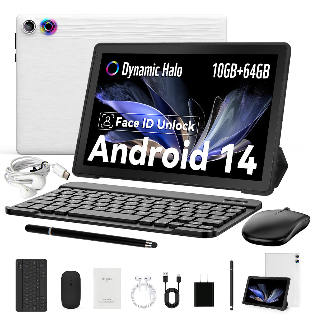 AEEZO Face Recognition Supported 2-in-1 Tablet With Wireless Keyboard, 10.1-inch, Android 14 Tablet, Octa-Core, 10GB RAM (3 7), 64GB Storage, 1TB TF Expansion, 1280x800 HD, 5, 000mAh, Dual Cameras (5MP 8MP), With Wired Headset, Wireless Mouse, Keyboard,