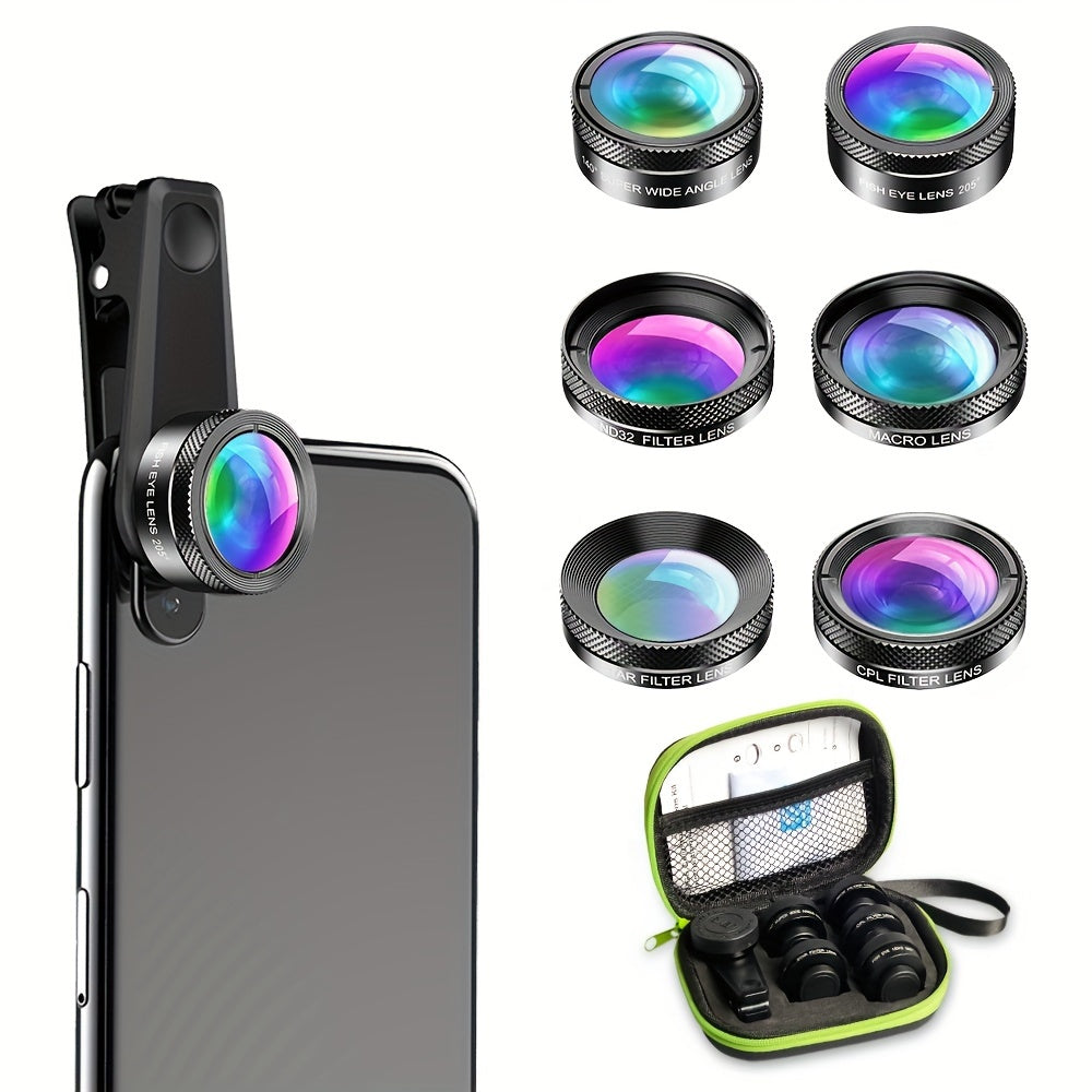 APEXEL 6-in-1 Phone Camera Lens Kit - Universal Clip-On Smartphone Photography Accessories with Macro, Wide Angle, Fisheye Lenses, ND Filter, Star Filter, CPL Lens, Aluminum Alloy Construction