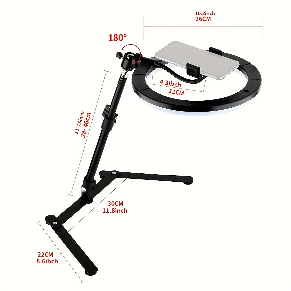 10" Selfie Ring LED Fill Light With Phone Holder, Adjustable Tripod Stand