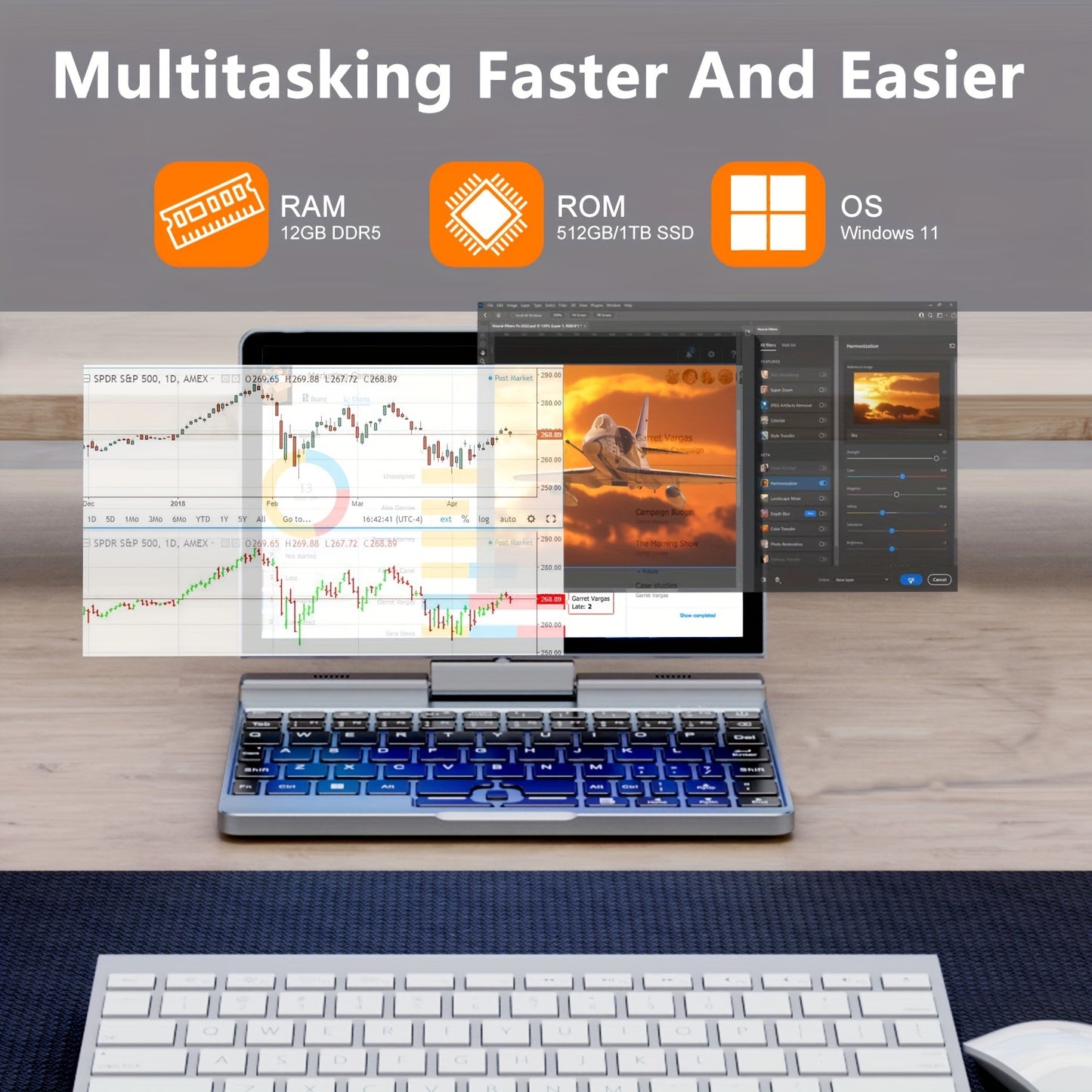 Crelander 2 in 1 Mini Laptop | 8 Inch Touchscreen Portable Computer | Intel 12th Gen N100 Processor | 12GB DDR5 RAM | 1TB M.2 SSD | PD 30W Charging | Wi-Fi 6 BT5.2 | Backlit Keyboard | Windows 11