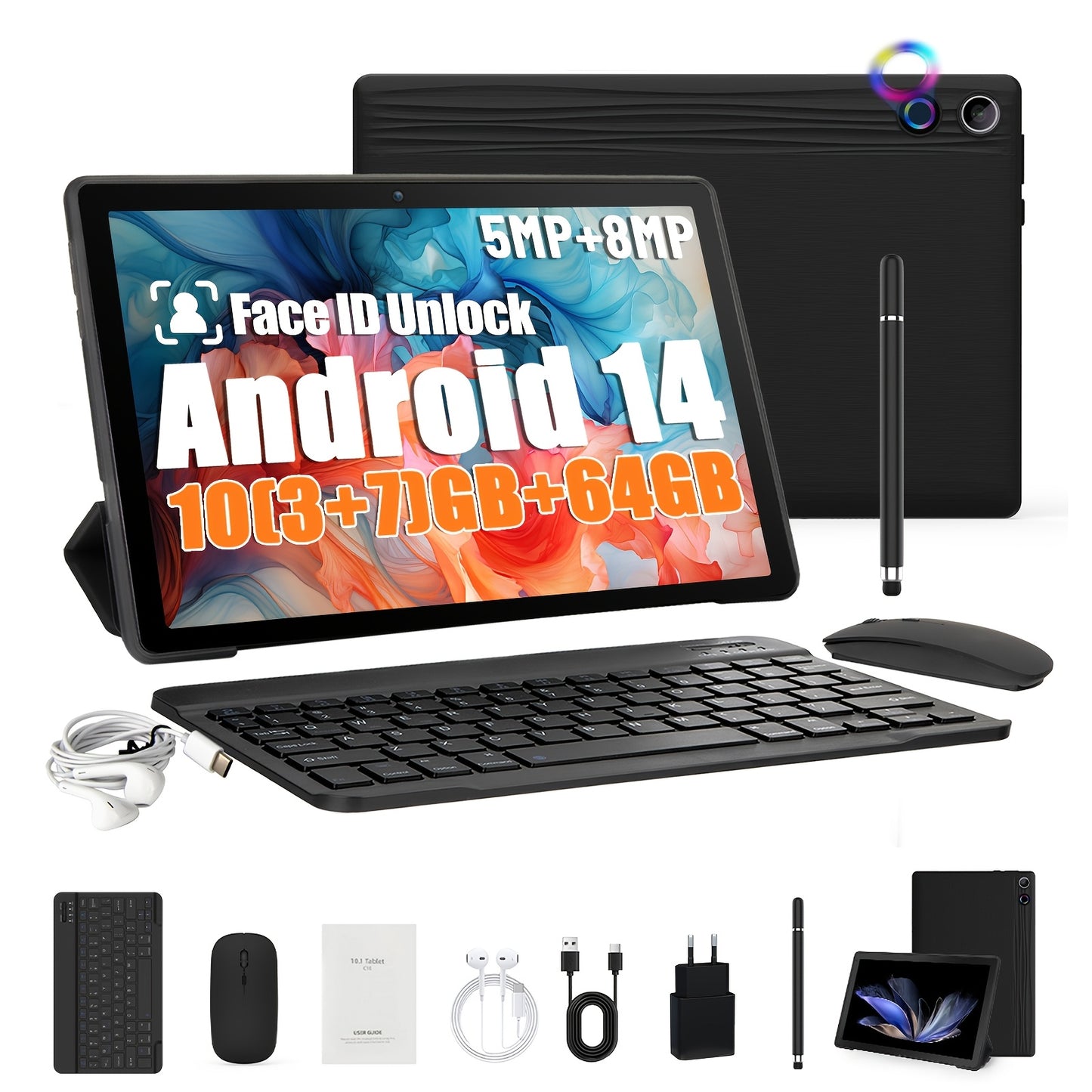 AEEZO Face Recognition Supported 2-in-1 Tablet With Wireless Keyboard, 10.1-inch, Android 14 Tablet, Octa-Core, 10GB RAM (3 7), 64GB Storage, 1TB TF Expansion, 1280x800 HD, 5, 000mAh, Dual Cameras (5MP 8MP), With Wired Headset, Wireless Mouse, Keyboard,