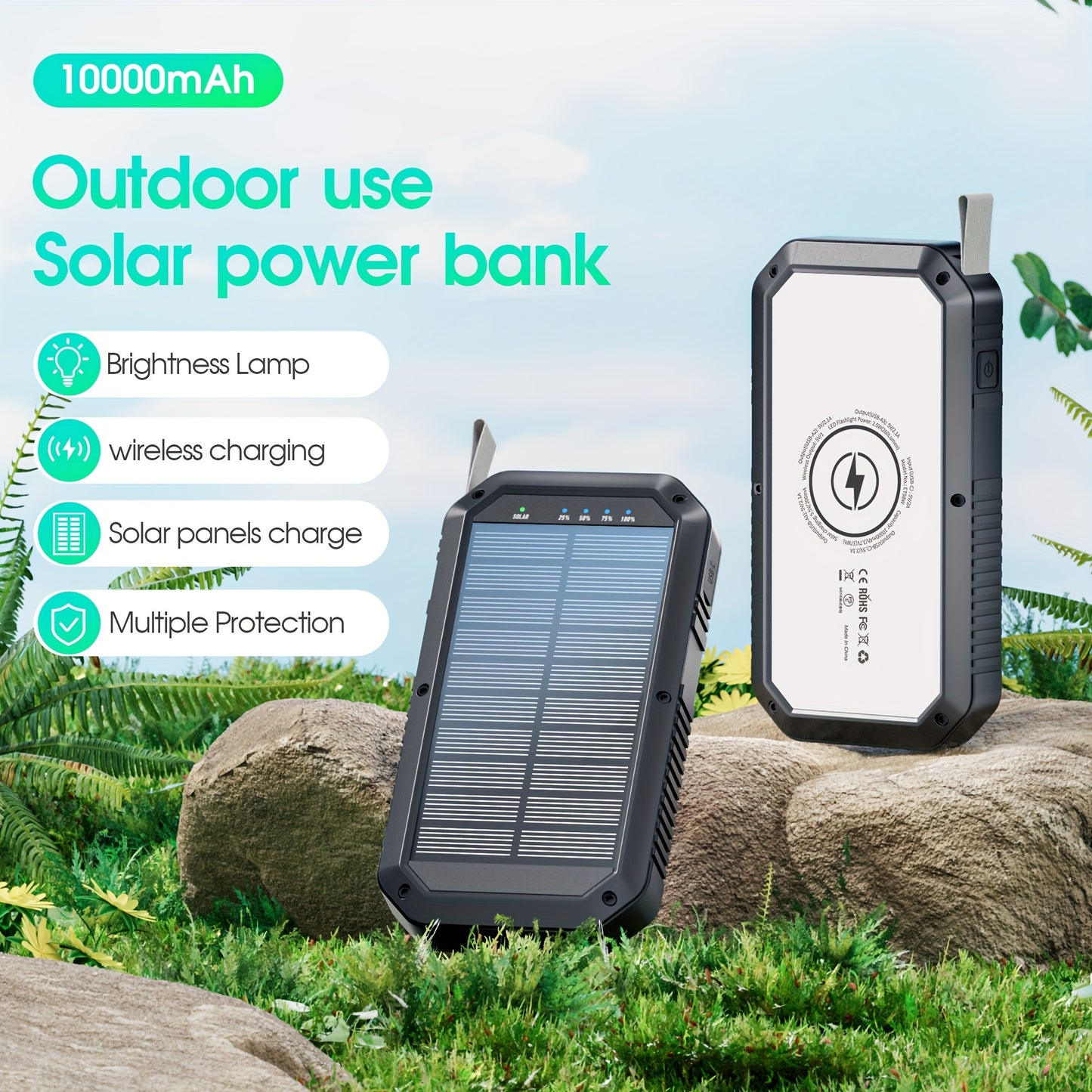 Solar Charger 10000mAh, Solar Power Bank, USB C Quick Charge Wireless Portable Charger With LED Flashlight For IPhone, Android And Outdoor Camping
