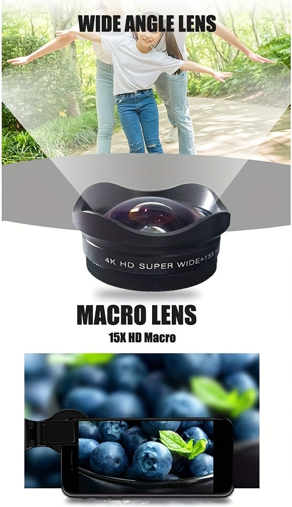 Universal 4K HD Super Wide 15X Macro 2 in 1 Camera Lens Kit, Clip-On Phone Lens, Aluminum Alloy - For Smartphone Photography Enthusiasts - Enhance Mobile Photography - Perfect Gift for Travelers & Vloggers