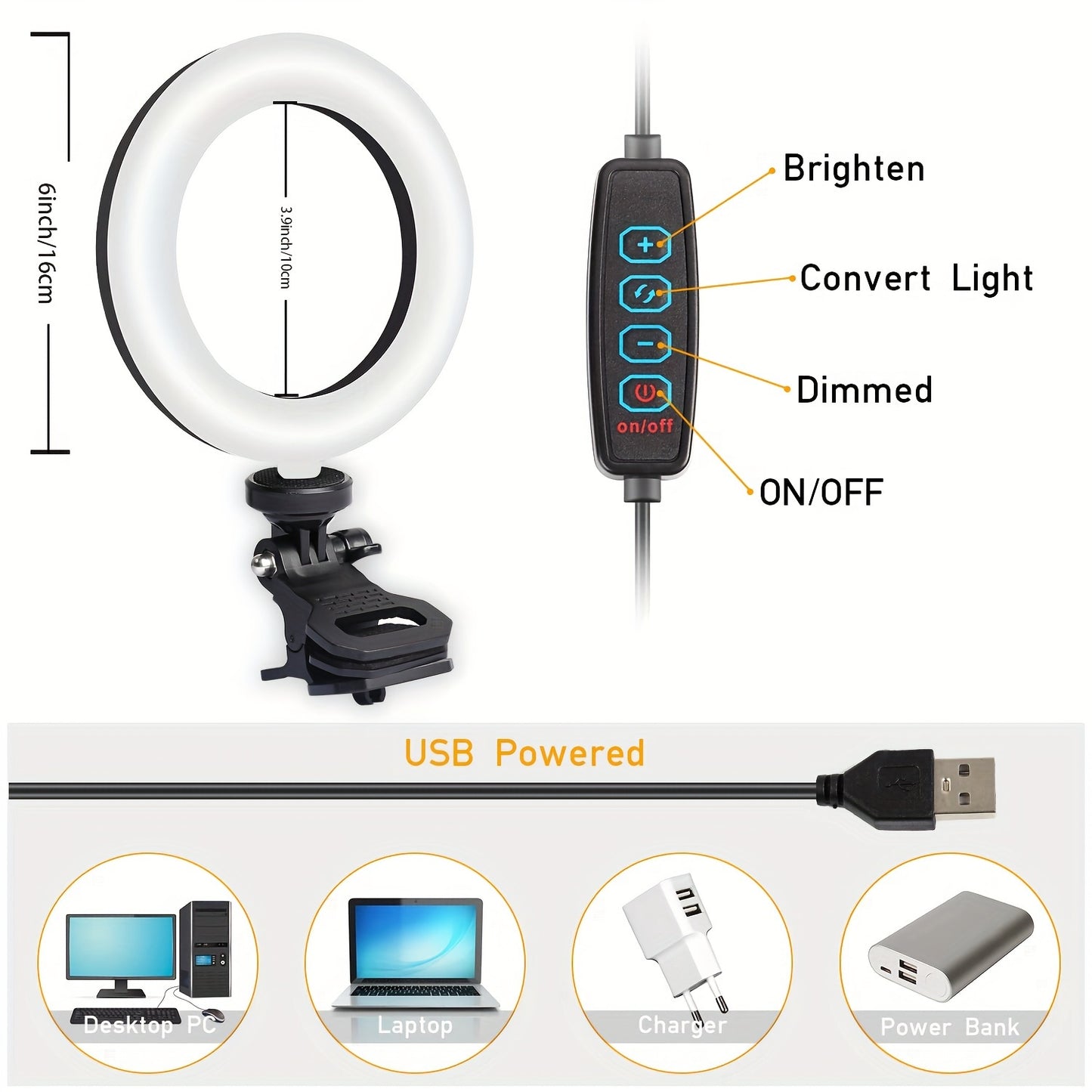 [Popular Choice] Dimmable 6in Selfie Ring Light with Clip for Laptops, USB-Powered LED Webcam Lighting for Zoom Meetings and Online Learning, USB-powered, LED, Webcam Lighting