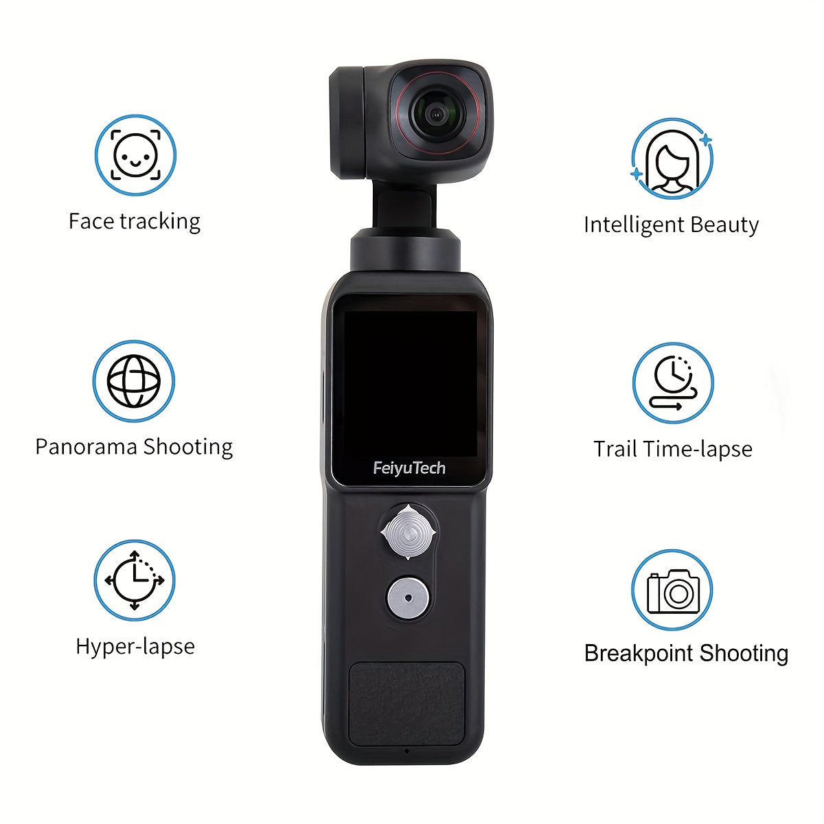 FeiyuTech Pocket 2 Action Camera Gimbal - 4K Handheld Stabilizer with 130° View, Magnetic Body, 4x Zoom, Beauty Effects, USB Rechargeable Battery