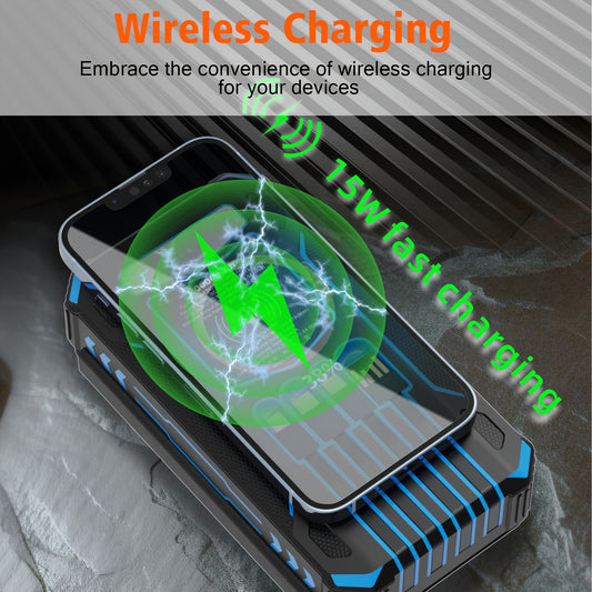 Solar Power Bank Wireless Charger 30000mAh Solar Charger With Four Solar Panels Built-in Four Cable Five Outputs Portable Power Bank For Cell Phone With LED Flashlights