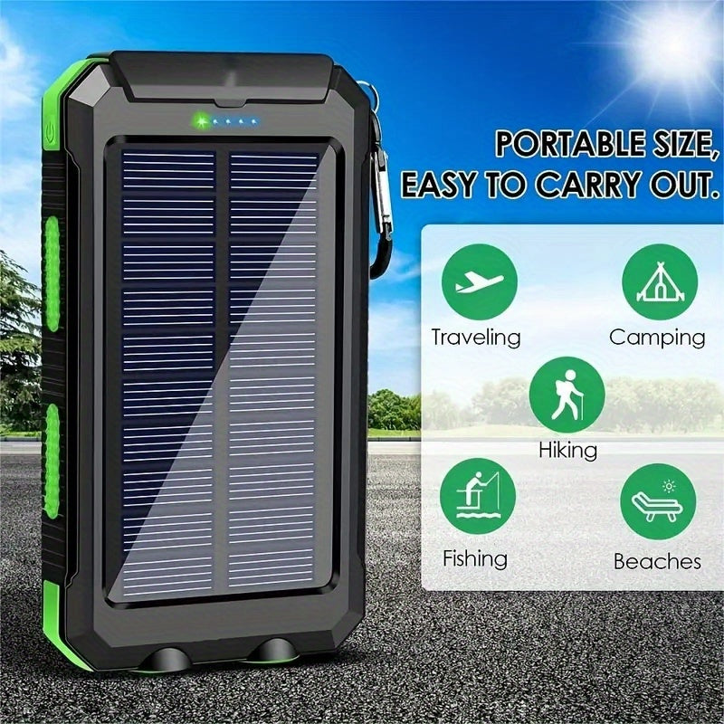 Solar Power Bank: Portable Charger with Dual LED Flashlights, USB Input/Output & Waterproof Solar Panel