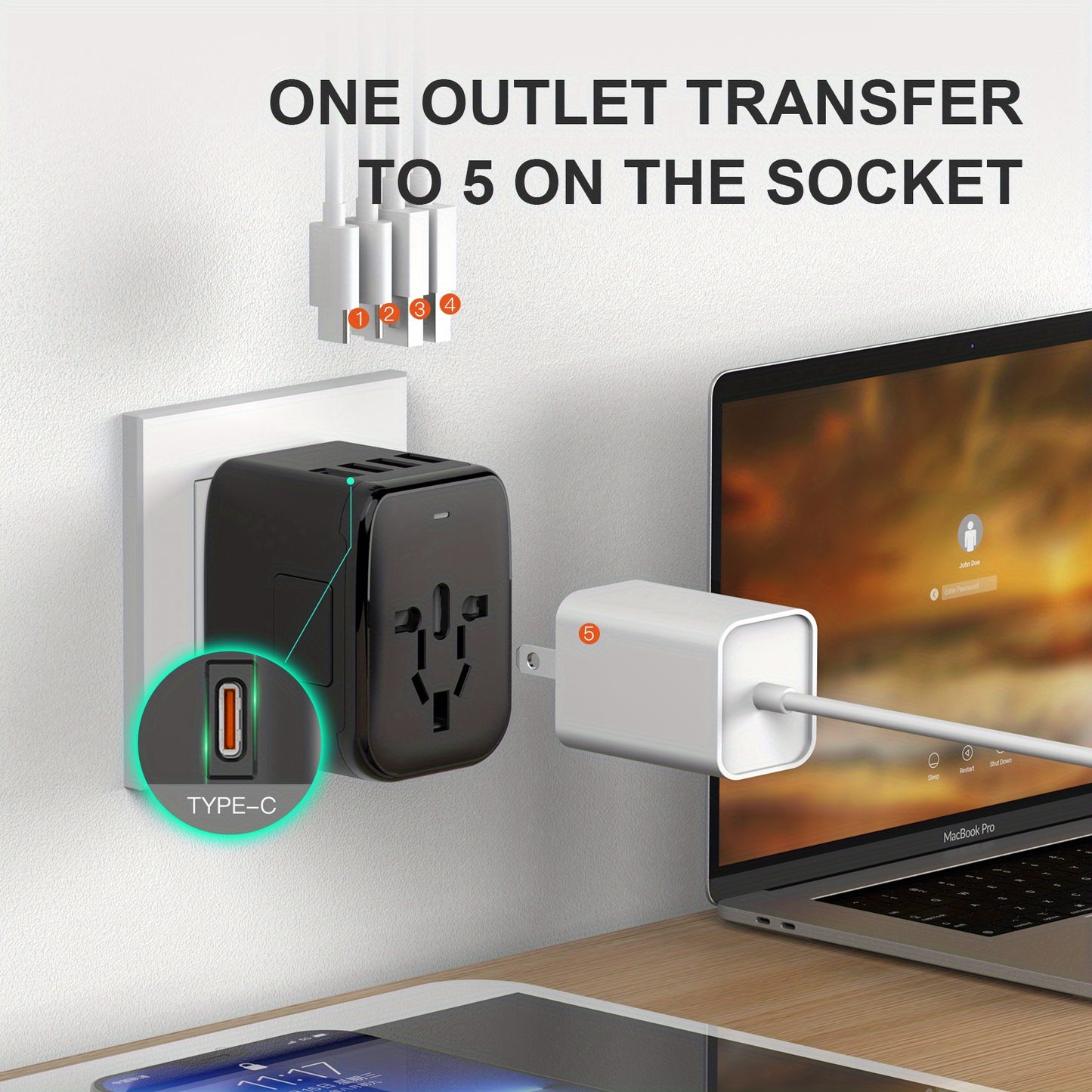 [Popular Choice] 1pc HKLAMIN Compact Travel Adapter with 5-in-1 International Power Plug - Features 3.5A, Dual USB-A Ports & Type-C, PD 20W, QC 18W Fast Charging, AC Outlet - Black, for US, UK, Australia, Asia (Type C/G/A/I), Travel Charging Station|Mode