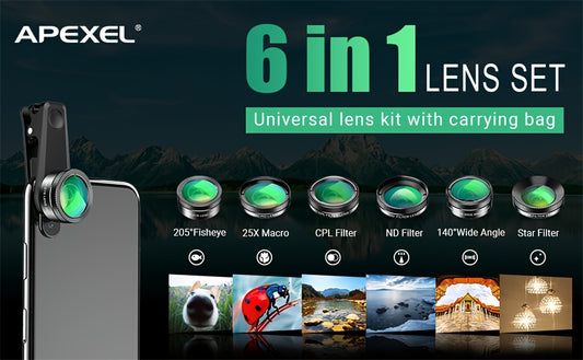 APEXEL 6-in-1 Phone Camera Lens Kit - Universal Clip-On Smartphone Photography Accessories with Macro, Wide Angle, Fisheye Lenses, ND Filter, Star Filter, CPL Lens, Aluminum Alloy Construction