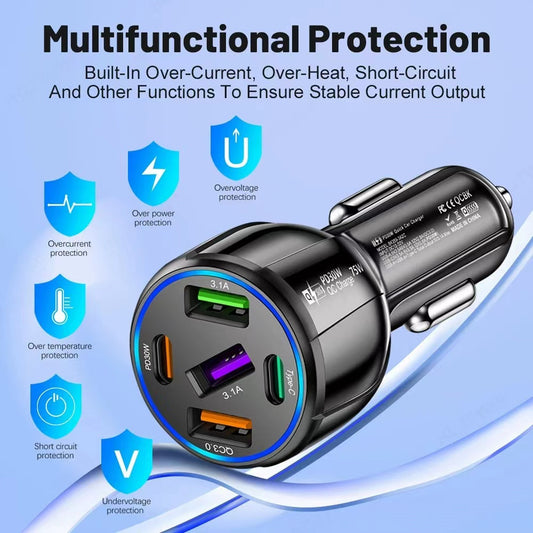 5-Port USB PD Fast Car Charger with QC3.0 & Type-C, Quick Charge Adapter for iPhone & for SamSung - Matte Finish, Wireless Power Block