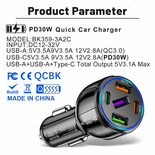 5-Port USB PD Fast Car Charger with QC3.0 & Type-C, Quick Charge Adapter for iPhone & for SamSung - Matte Finish, Wireless Power Block