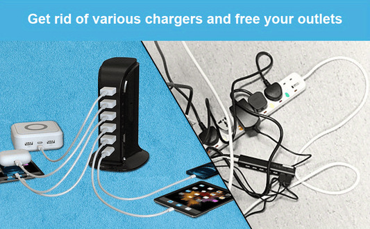 Charging Station For Multiple Devices 40W Upoy, Wall Charger Block 5 USB Ports Shared 6A, USB Charging Hub Smart IC, Charger Tower With Type-C 3A For IPhone IPad Tablets Smartphones, Home Office Use, Christmas, Festival, New Year's Gift