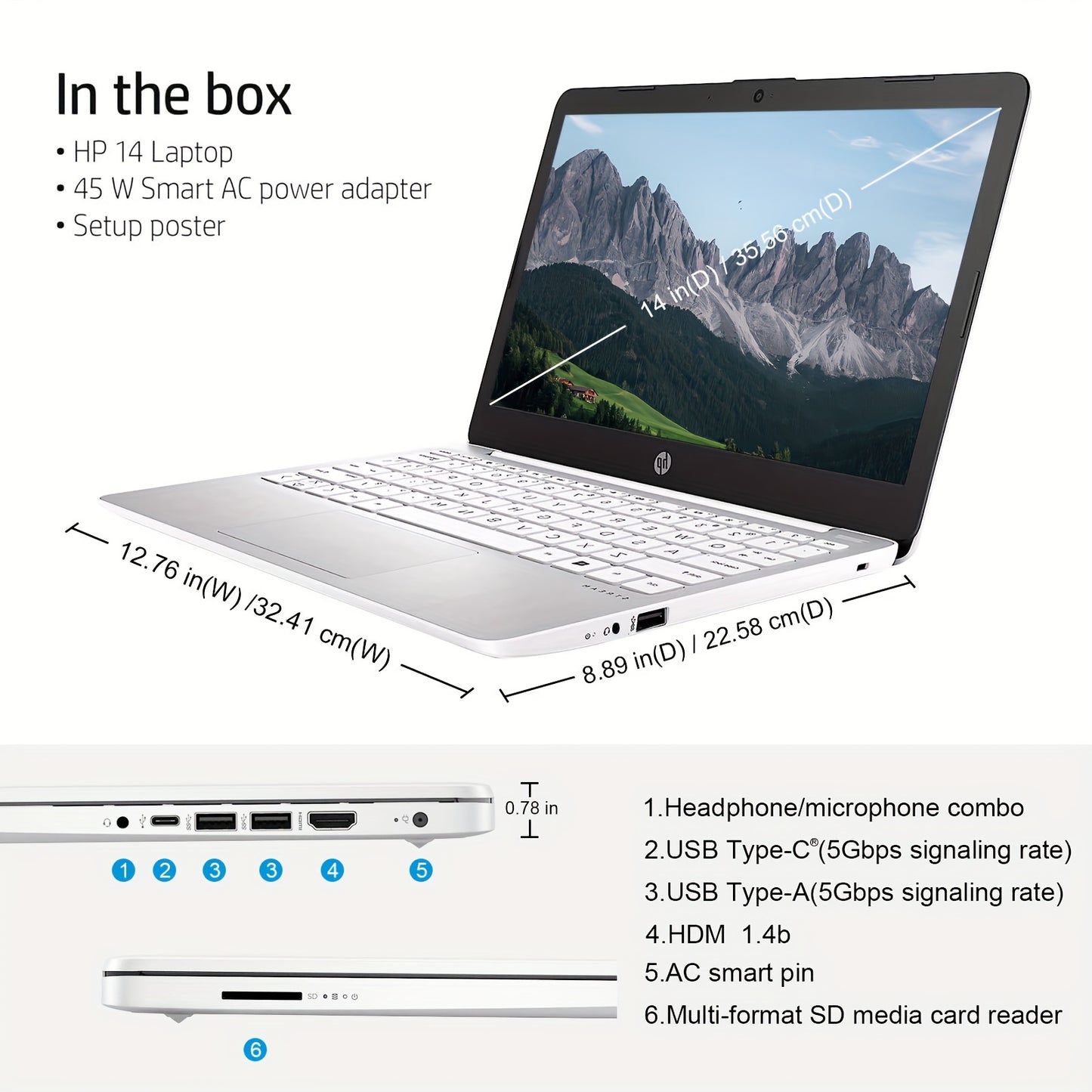 HP 2024 Newest 14" Laptop For Student And Business, HP Stream 14inch Laptop, Ultral Light Laptops, Intel Celeron N4120(Quad-Core), Up To 16GB RAM, Up To 320GB Storage(64GB EMMC 256GB Micro SD), 1-Year Office 365, Windows 11 Home In S Mode, Snowflake Whit