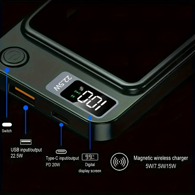 xhwtdz 10000mAh Portable Charger, 22.5W PD & QC Fast Charging, Magnetic Wireless Charging Bank, USB Type-C, LED Power Display, Rechargeable Lithium Polymer Battery for Android/iPhone Devices