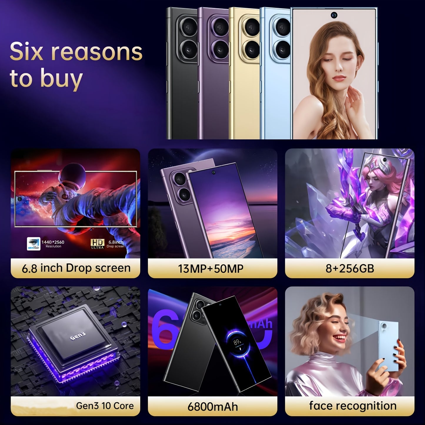 Ultra-Slim 6.8" Android Smartphone - Dual SIM, 8GB 256GB, 6800mAh Fast-Charging Battery, Built-in Stylus Pen, Face Unlock, Expandable Storage to 512GB, USB-C, 5G Connectivity, 1080P HD Display - For Tech Enthusiasts - Perfect for Christmas & Halloween Gi