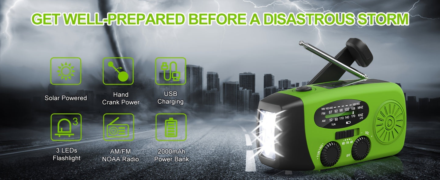 Emergency Hand Crank Radio with 2000mAh Power Bank Phone Charger, AM/FM/NOAA Portable Weather Radio with 3 LED Flashlight, Solar Powered USB Rechargeable Radio for Indoor Outdoor Camping