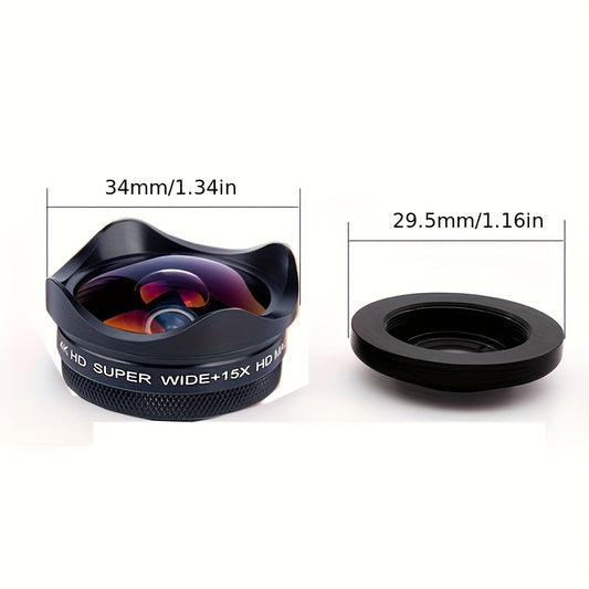 Universal 4K HD Super Wide 15X Macro 2 in 1 Camera Lens Kit, Clip-On Phone Lens, Aluminum Alloy - For Smartphone Photography Enthusiasts - Enhance Mobile Photography - Perfect Gift for Travelers & Vloggers