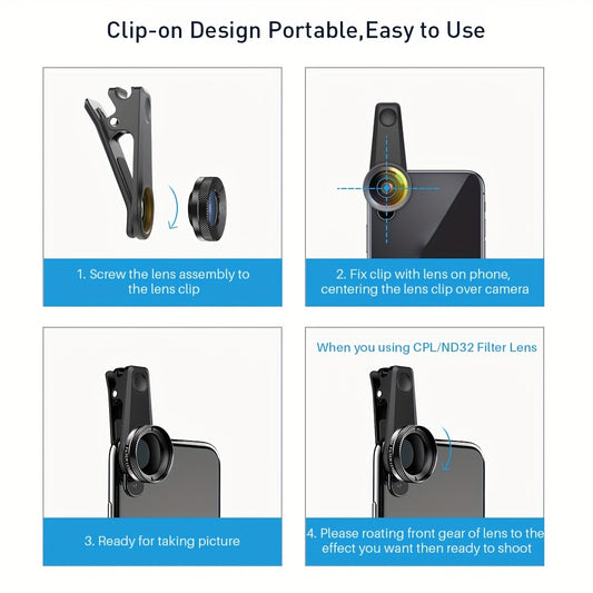 APEXEL 6-in-1 Phone Camera Lens Kit - Universal Clip-On Smartphone Photography Accessories with Macro, Wide Angle, Fisheye Lenses, ND Filter, Star Filter, CPL Lens, Aluminum Alloy Construction